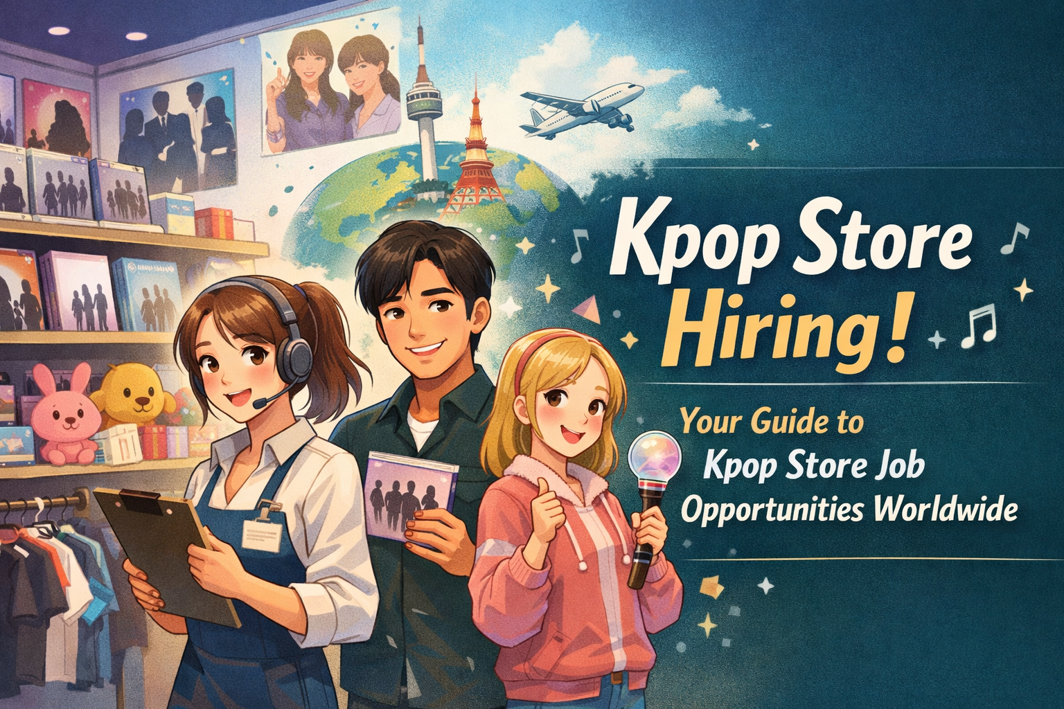 Illustration of three cheerful young employees in a Kpop store surrounded by albums, merchandise, and plush toys, with a globe, airplane, and iconic landmarks in the background. Text on the image reads 'Kpop Store Hiring! Your Guide to Kpop Store Job Opportunities Worldwide.' Kpop store hiring